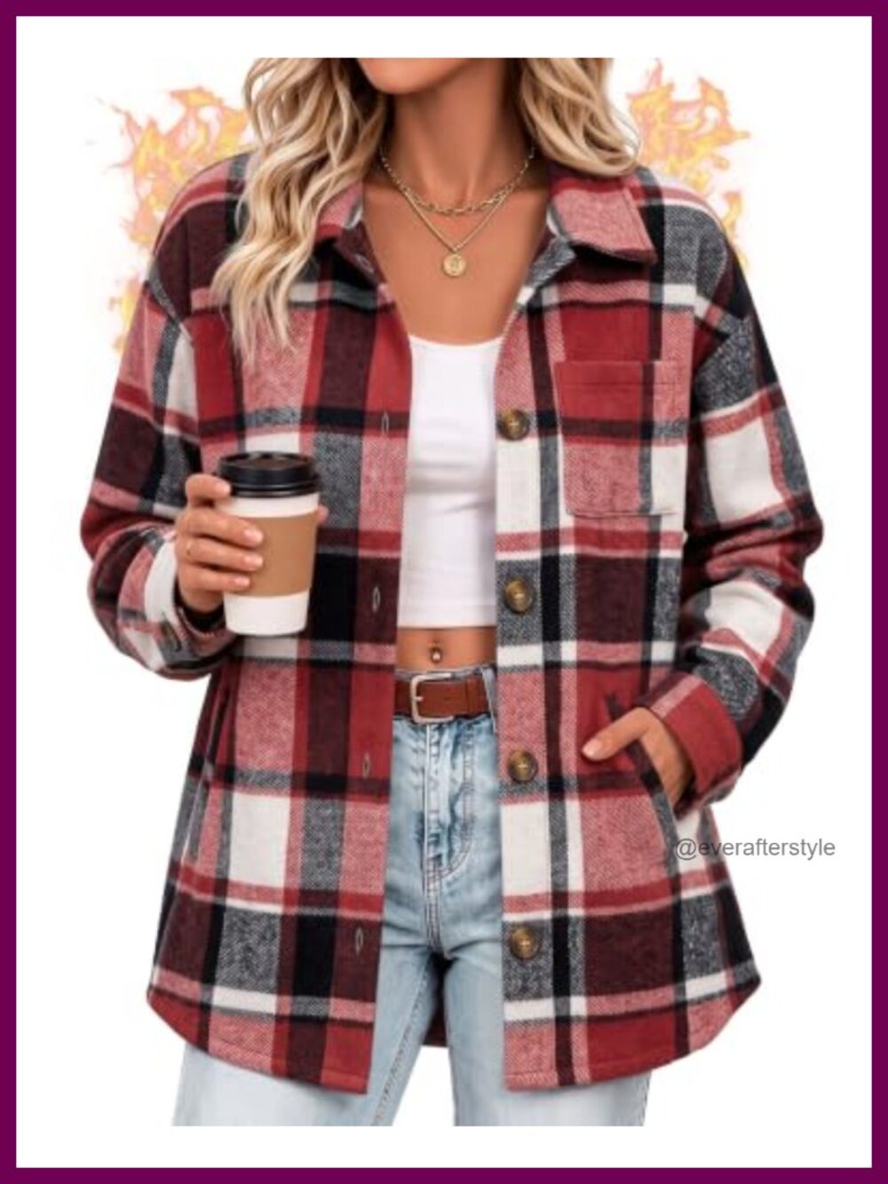 Women Flannel Plaid Shacket Oversized Long Sleeve Button Casual Jacket